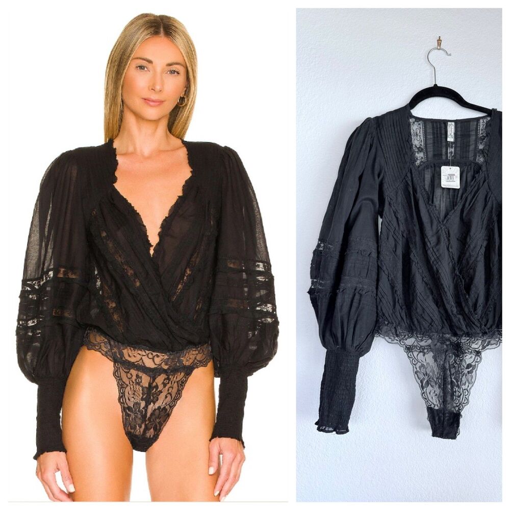 NWT Intimately Free People Black Eloise Long Sleeve Cotton Lace Bodysuit Blouse